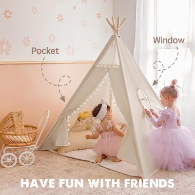 Teepee Tent for Kids Tent Indoor, Canvas Toddler Tent - Kids Teepee Tent for Girls & Boys, Washable Tipi Tent Kids Boho Tent - Foldable Kids Play Tent