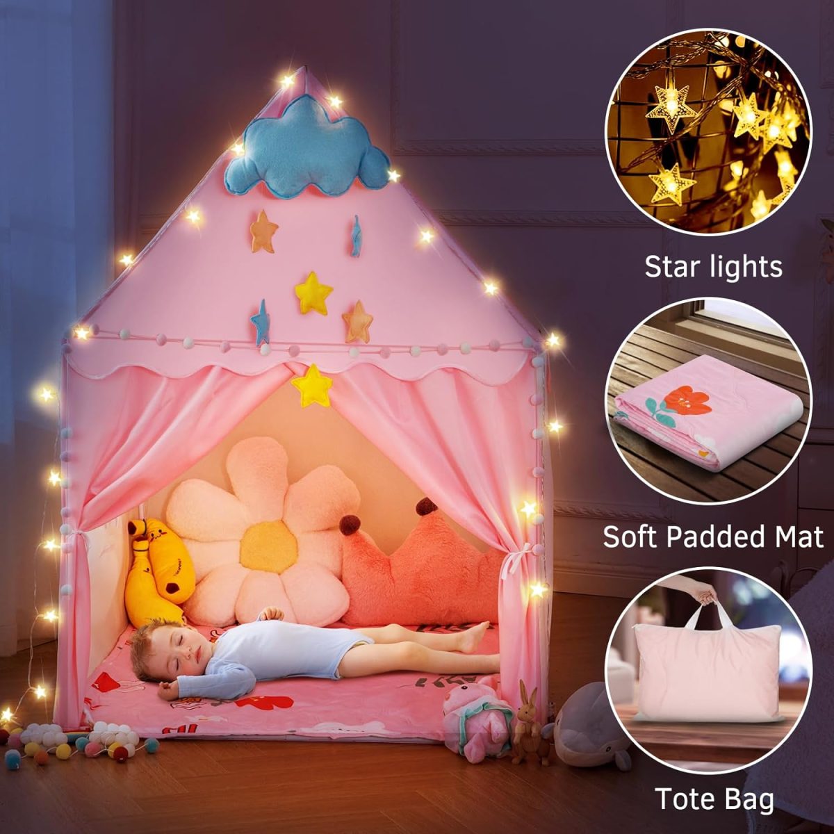 Kids Tent with Padded Mat, Kids Play Tents for Toddlers, Pink Girls Princess Tents Playhouse for Indoor Outdoor, Tent Gift Toys for Girl Toddler Children, 47x39x51inch