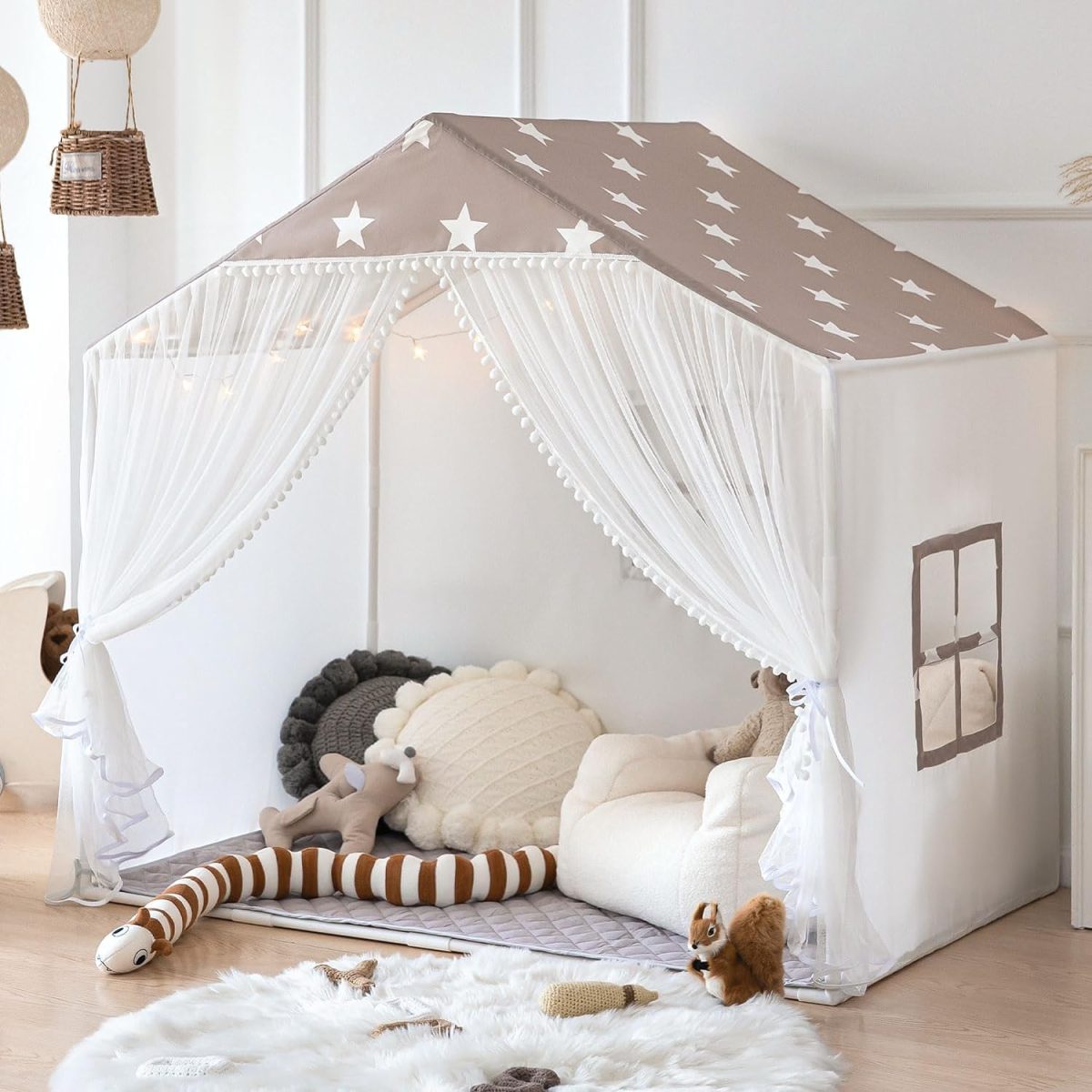 Kids Play Tent with Mat, Large Playhouse Tent with Pompoms Door Curtains, Children Play House for Girls Boys, Indoor Play Cottage (Khaki)