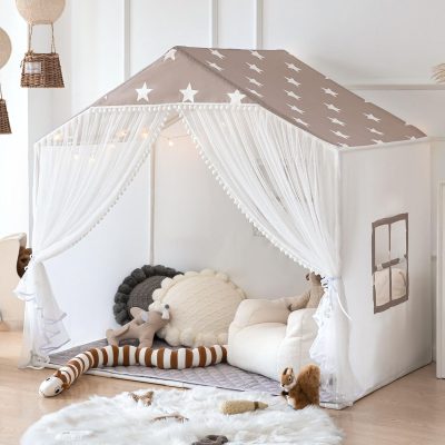 Kids Play Tent with Mat, Large Playhouse Tent with Pompoms Door Curtains, Children Play House for Girls Boys, Indoor Play Cottage (Khaki)