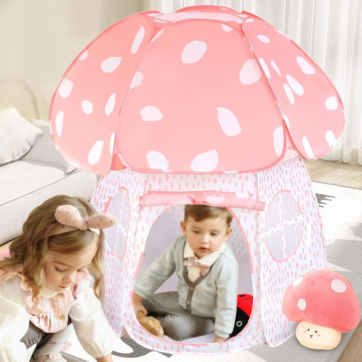 Play Tent for Kids Pop Up Tent Indoor Outdoor Boys and Girls Playhouse with Exquisite Design for Imaginative Mushroom Tent by CRAWLBO Patented (Pink, Small)