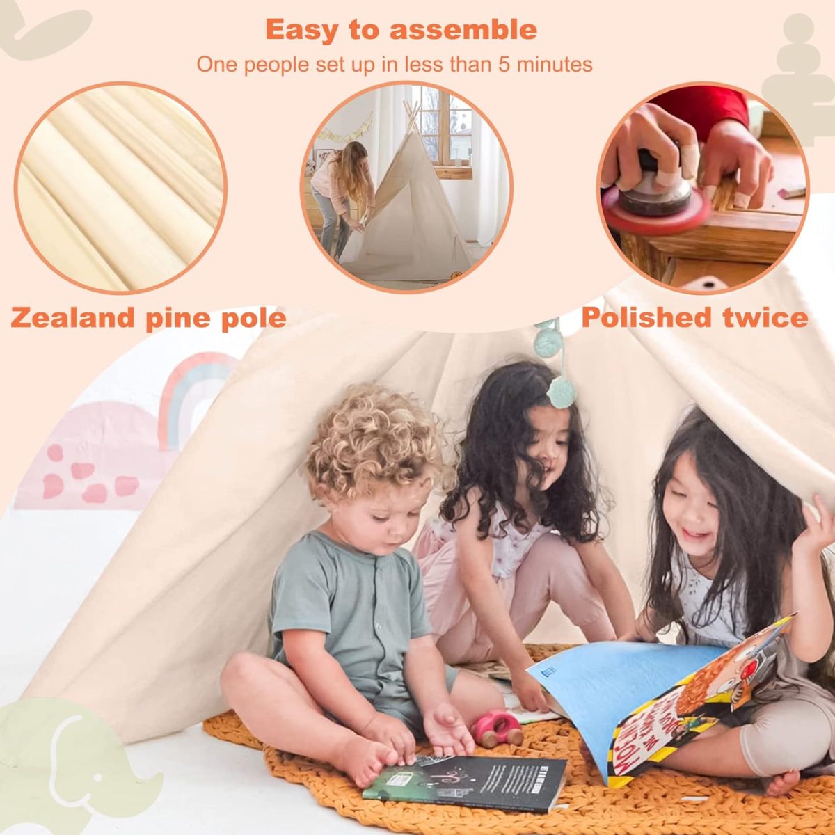 Kids-Teepee-Tent with Lights & Campfire Toy & Carry Case, Natural Cotton Canvas Toddler Tent - Washable Foldable Teepee Tent for Kids Indoor Tent, Outdoor Play Tent for Girls & Boys