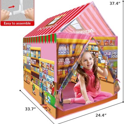 Kids Play Tent Indoor Playhouse, 115 PCS Kids Supermarket Play Tent Playset with Pretend Food Toy for Toddlers, Super Store Shopping Role Play Toy Set for Boys & Girls Age 3 4 5 6 7 8 Years Old