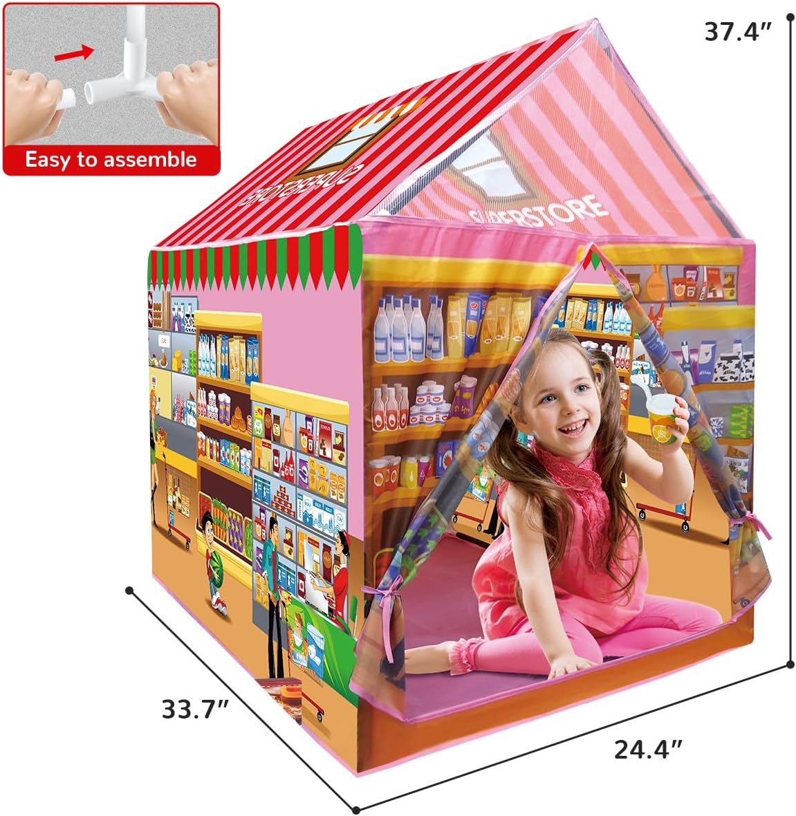 Kids Play Tent Indoor Playhouse, 115 PCS Kids Supermarket Play Tent Playset with Pretend Food Toy for Toddlers, Super Store Shopping Role Play Toy Set for Boys & Girls Age 3 4 5 6 7 8 Years Old