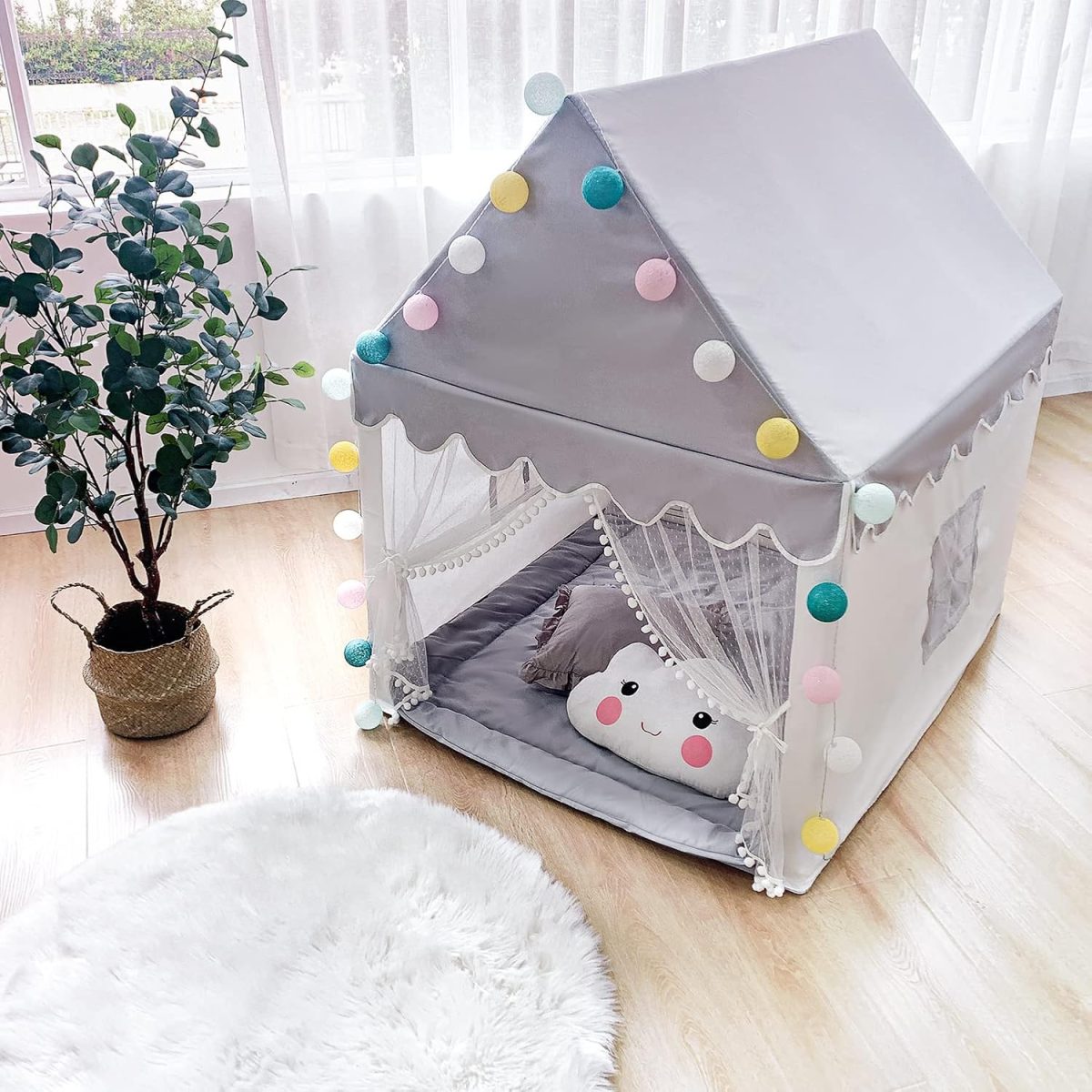 Kids Play Tent - Large Playhouse Children Play Castle Fairy Tent for Girls & Boys Birthday (Kid Tent with Padded Mat)