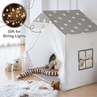 Kids Play Tent with Mat, Large Playhouse Tent with Pompoms Door Curtains, Children Play House for Girls Boys, Indoor Play Cottage (Khaki)