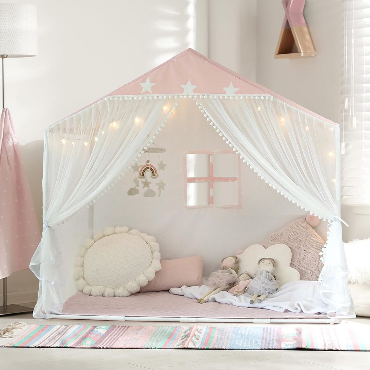 Kids Play Tent with Mat, Large Playhouse Tent with Pompoms Door Curtains, Children Play House for Girls Boys, Indoor Play Cottage (Khaki)