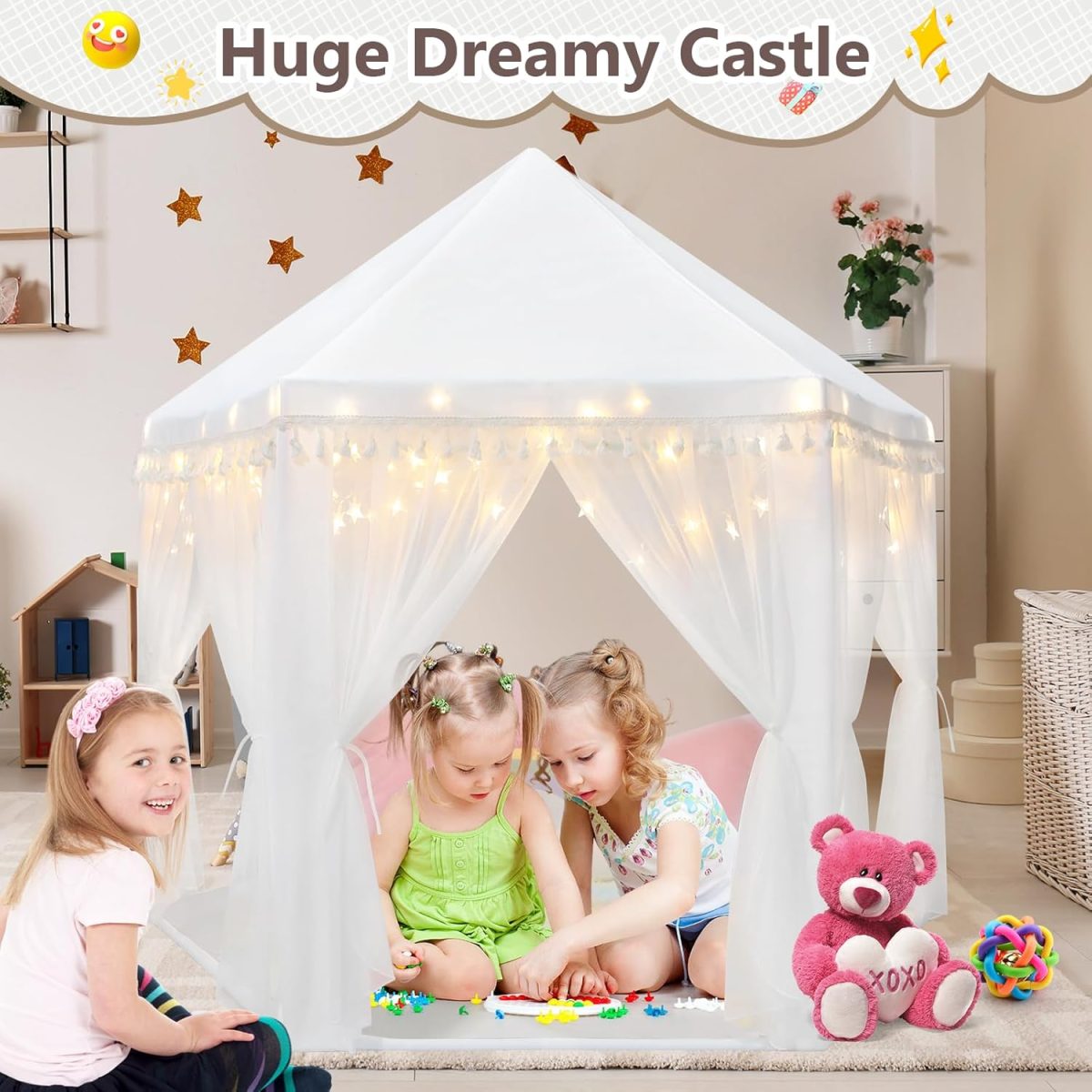 White Princess Tent Girls Tassel Decor Large Playhouse Kids Castle Play Tent with Star Lights Toy for Children Indoor and Outdoor Games, 55'' x 53'' (White Princess Tent with Tassel)