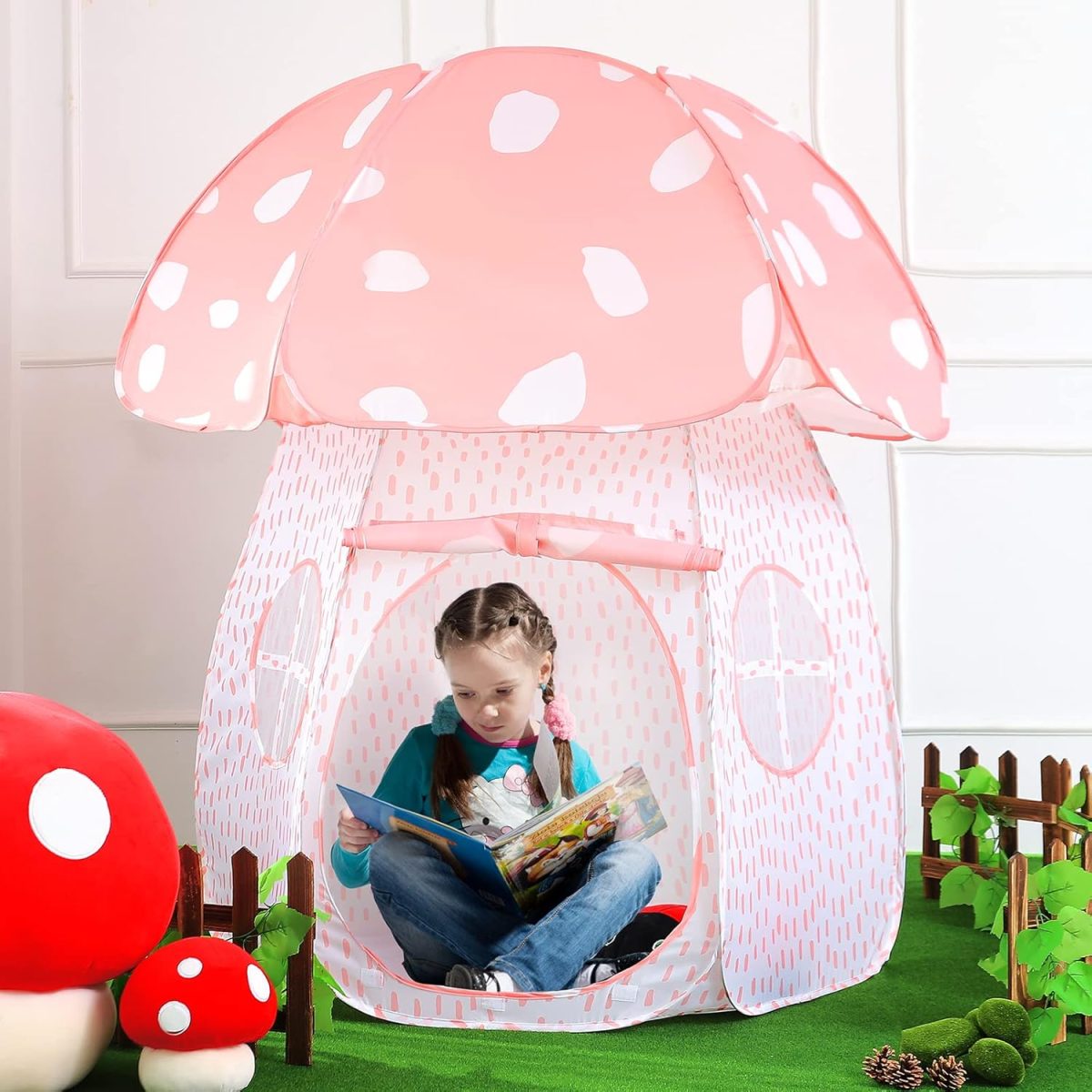 Play Tent for Kids Pop Up Tent Indoor Outdoor Boys and Girls Playhouse with Exquisite Design for Imaginative Mushroom Tent by CRAWLBO Patented (Pink, Small)
