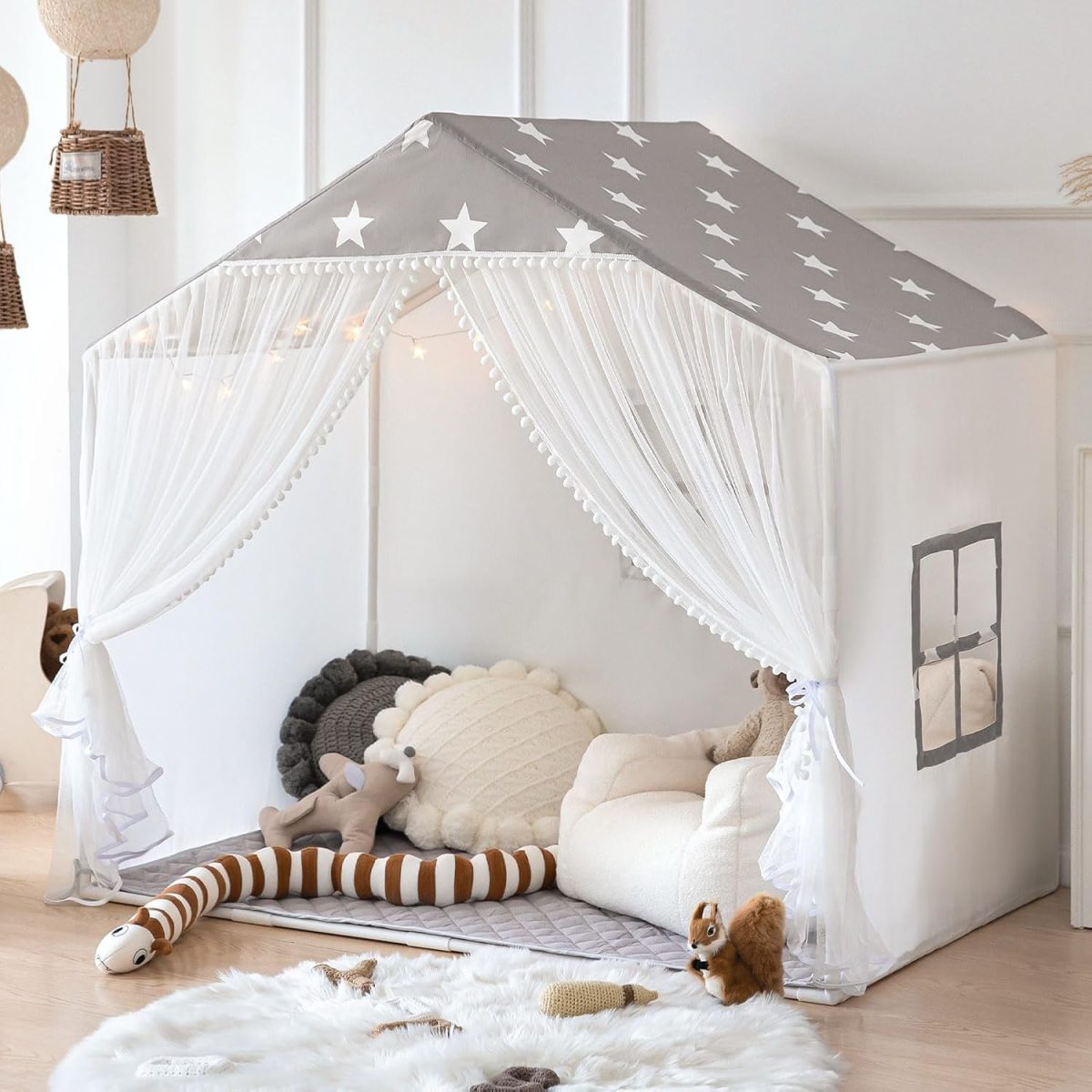 Kids Play Tent with Mat, Large Playhouse Tent with Pompoms Door Curtains, Children Play House for Girls Boys, Indoor Play Cottage (Khaki)
