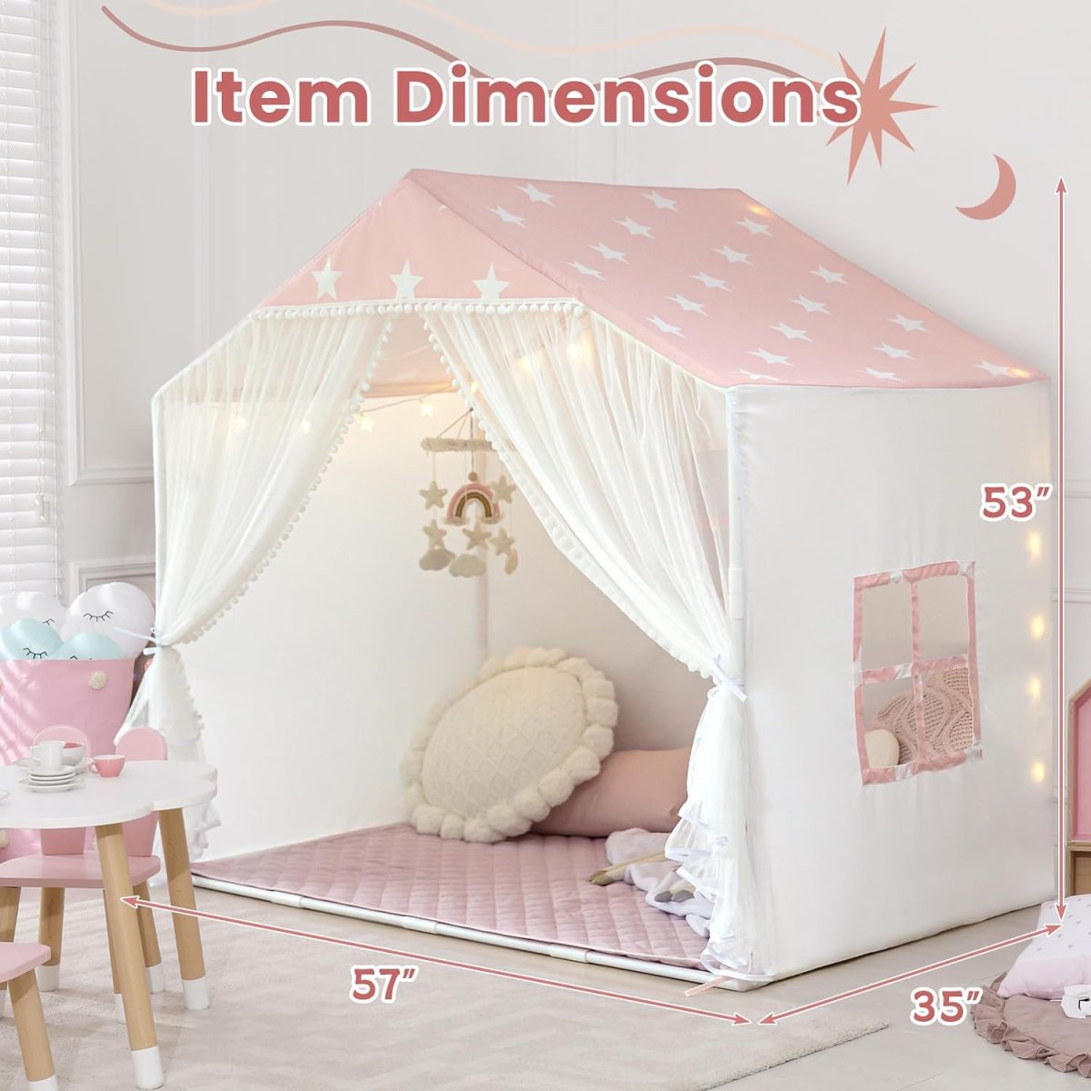 Kids Play Tent with Mat, Large Playhouse Tent with Pompoms Door Curtains, Children Play House for Girls Boys, Indoor Play Cottage (Khaki)