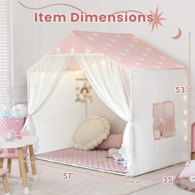 Kids Play Tent with Mat, Large Playhouse Tent with Pompoms Door Curtains, Children Play House for Girls Boys, Indoor Play Cottage (Khaki)