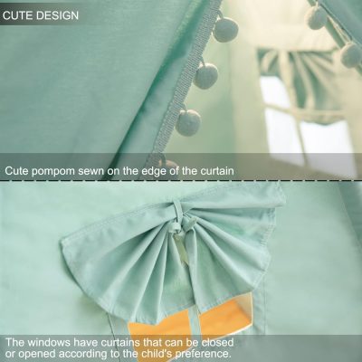 Foldable Teepee Tent for Kids Green Pompom Ball Design with Floor Mat,Carry Case,Banner,Four Ploes Classic Cute Children Playing House Indoor Outdoor Nursery Decor