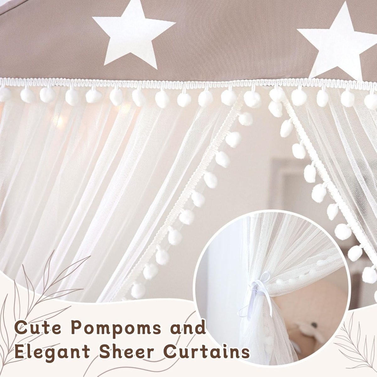 Kids Play Tent with Mat, Large Playhouse Tent with Pompoms Door Curtains, Children Play House for Girls Boys, Indoor Play Cottage (Khaki)