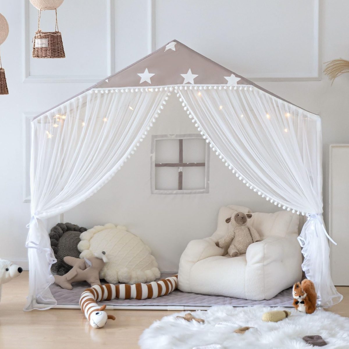 Kids Play Tent with Mat, Large Playhouse Tent with Pompoms Door Curtains, Children Play House for Girls Boys, Indoor Play Cottage (Khaki)