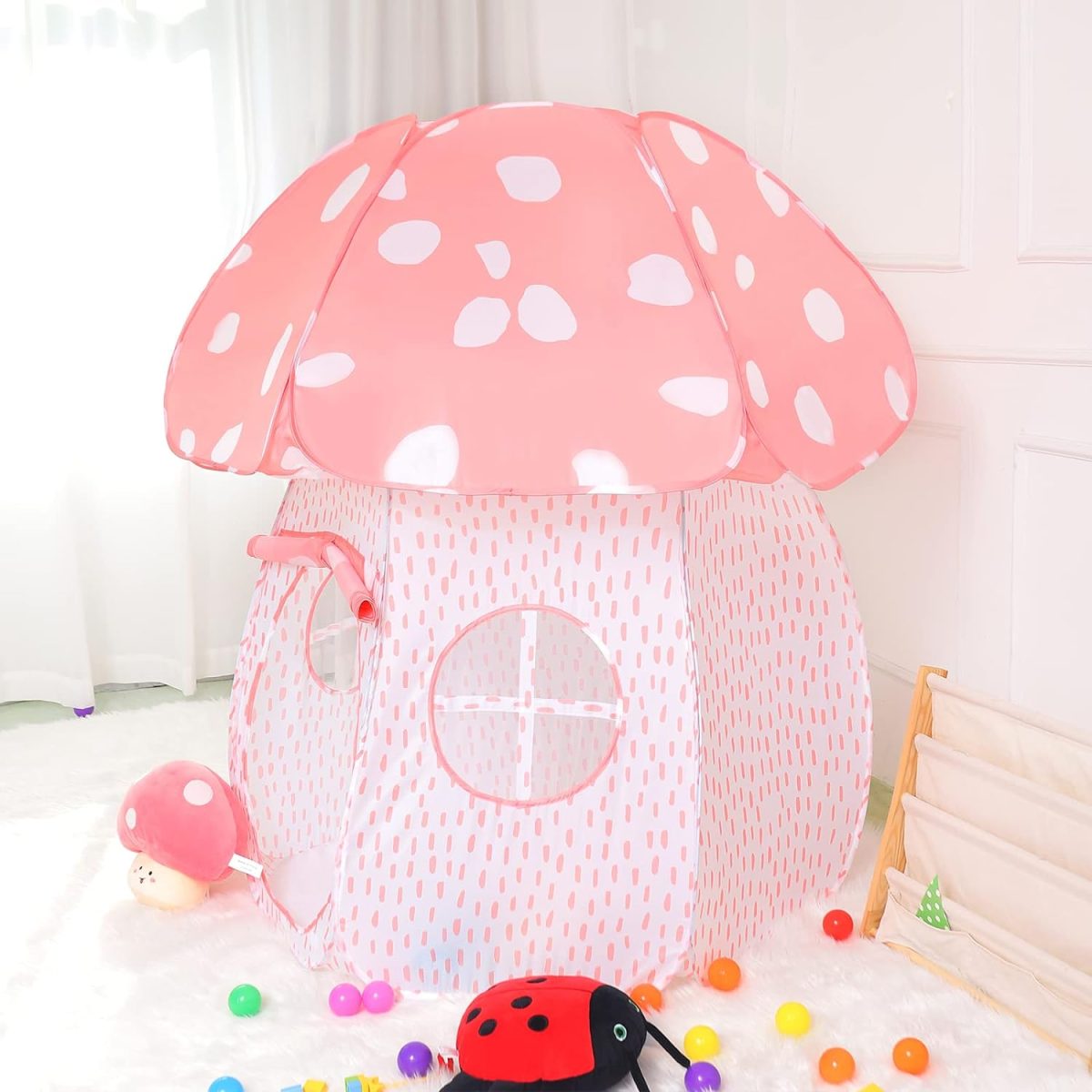 Play Tent for Kids Pop Up Tent Indoor Outdoor Boys and Girls Playhouse with Exquisite Design for Imaginative Mushroom Tent by CRAWLBO Patented (Pink, Small)