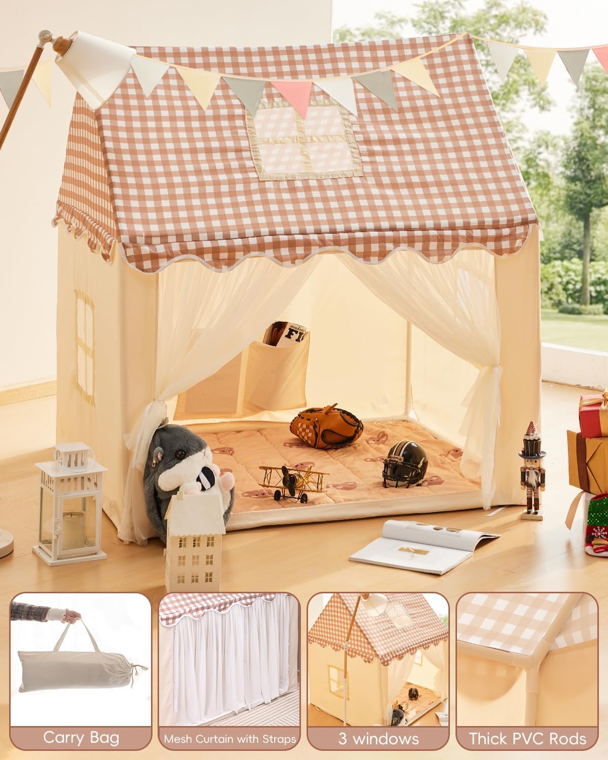 Kids Play Tent, Playhouse for Kids Indoor & Outdoor, Kids Tent with Star Light, Flags and Carry Bag, Washable Kids Tent for Girls & Boys (Without Mat)