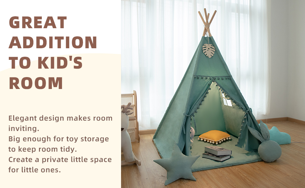 Teepee Tent for Kids Green Pompom Ball 3