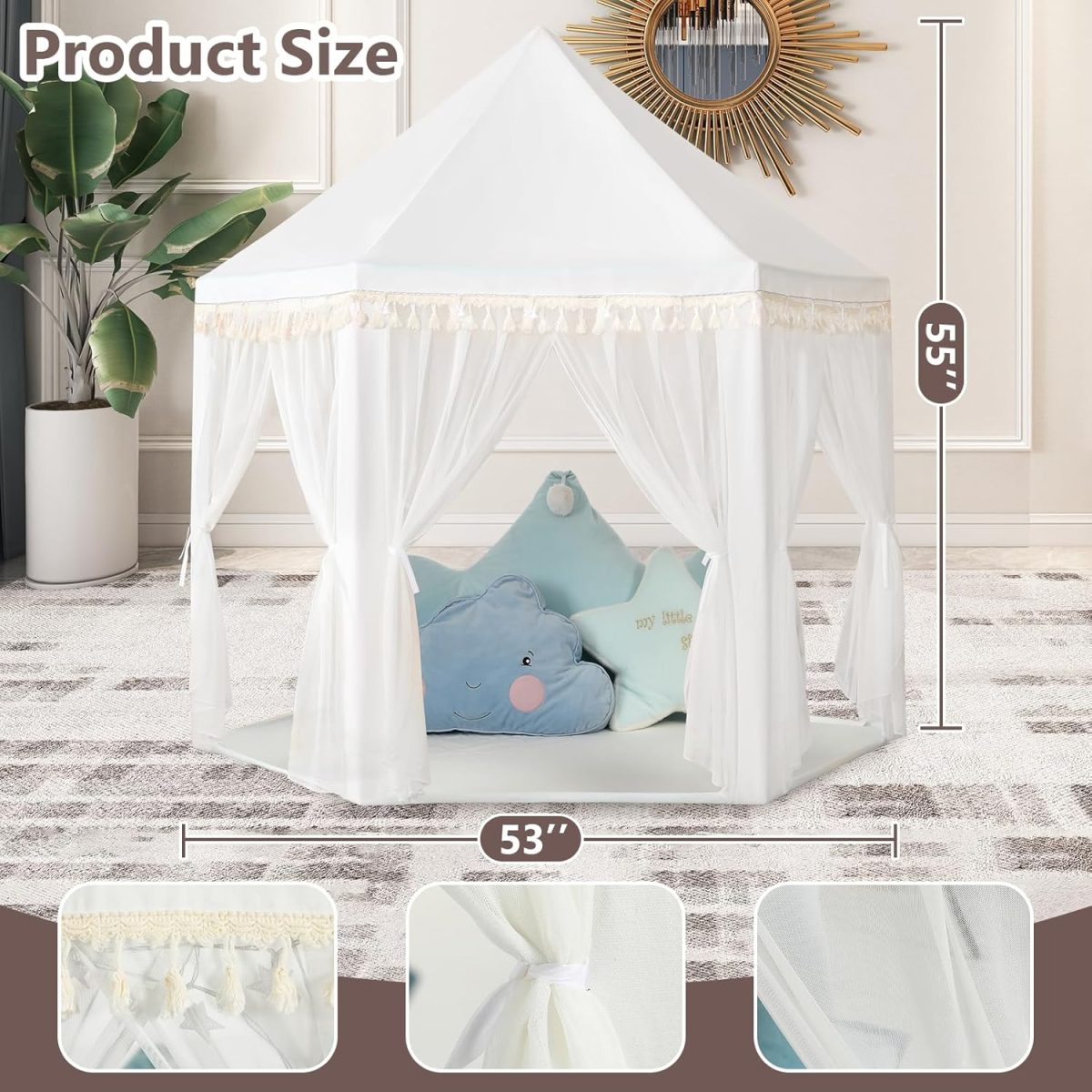White Princess Tent Girls Tassel Decor Large Playhouse Kids Castle Play Tent with Star Lights Toy for Children Indoor and Outdoor Games, 55'' x 53'' (White Princess Tent with Tassel)