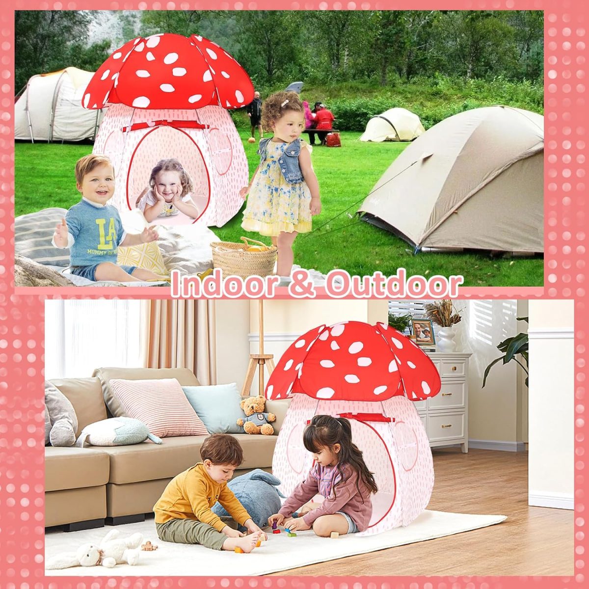 Play Tent for Kids Pop Up Tent Indoor Outdoor Boys and Girls Playhouse with Exquisite Design for Imaginative Mushroom Tent by CRAWLBO Patented (Pink, Small)