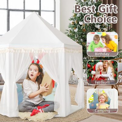 White Princess Tent Girls Tassel Decor Large Playhouse Kids Castle Play Tent with Star Lights Toy for Children Indoor and Outdoor Games, 55'' x 53'' (White Princess Tent with Tassel)