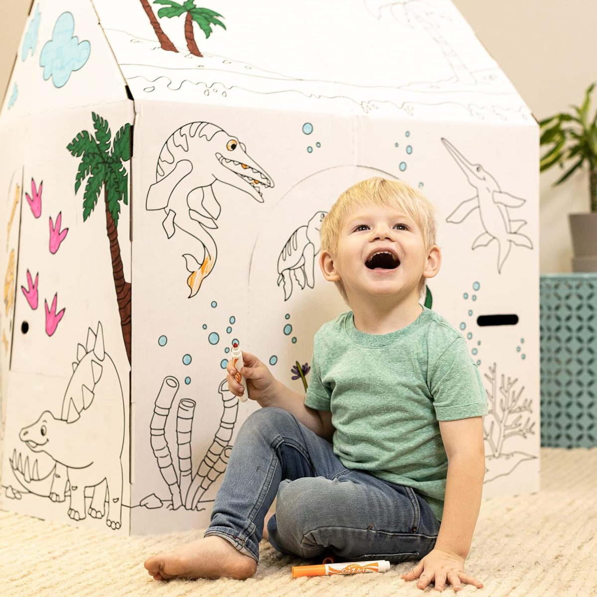Easy Playhouse Cardboard Dinosaur House - Kids Art & Craft for Indoor & Outdoor Fun, Color Dino Species, 32inchesX26.5inchesX40.5inches