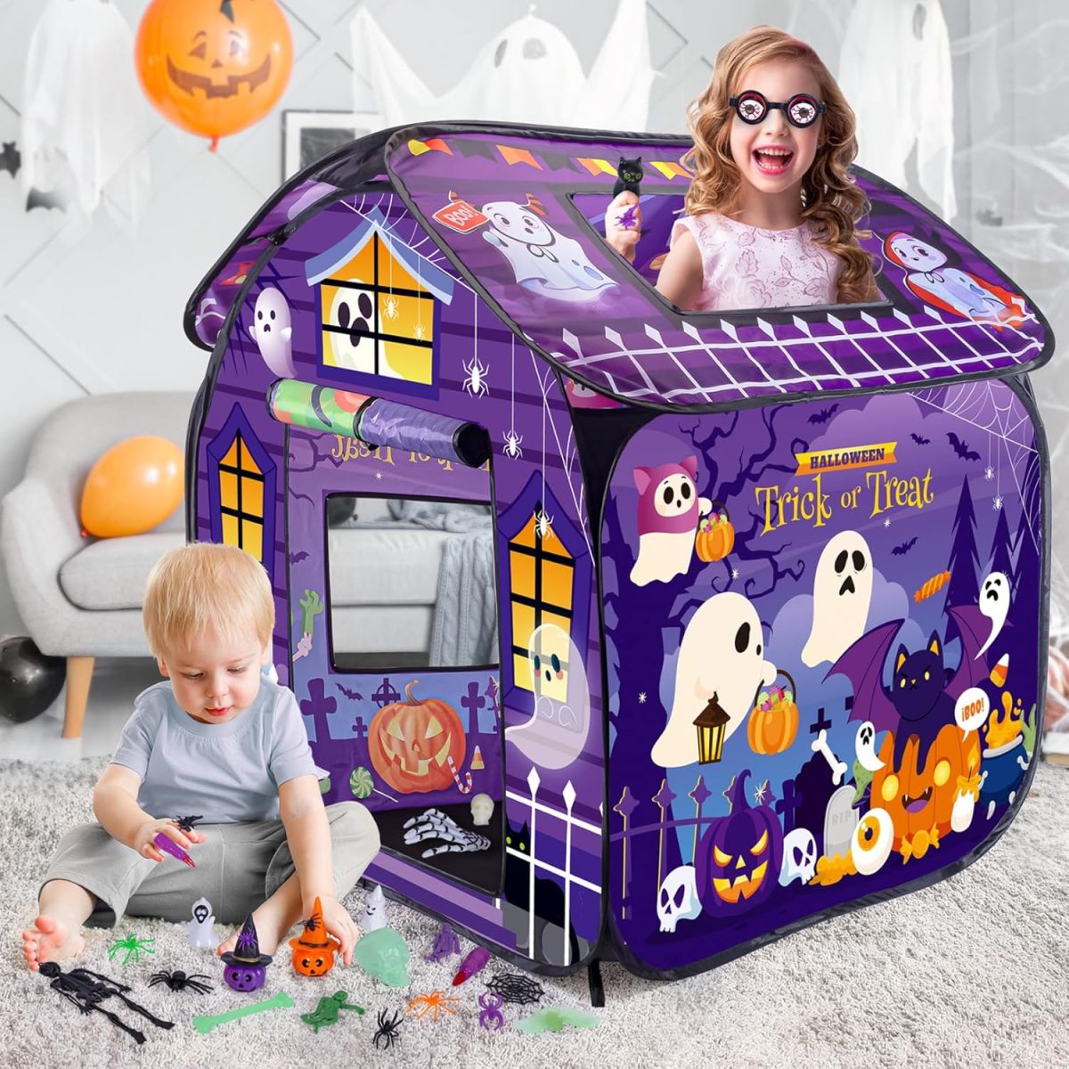 Play Tent for Kid, Halloween Ventilative Foldable Pop-Up Toddler Playhouse with Door Flip & Top Opening, Trick or Treat Non Shrink Fade Resistant Kids Tent for Girls Boys Gift, Kids Playhouse