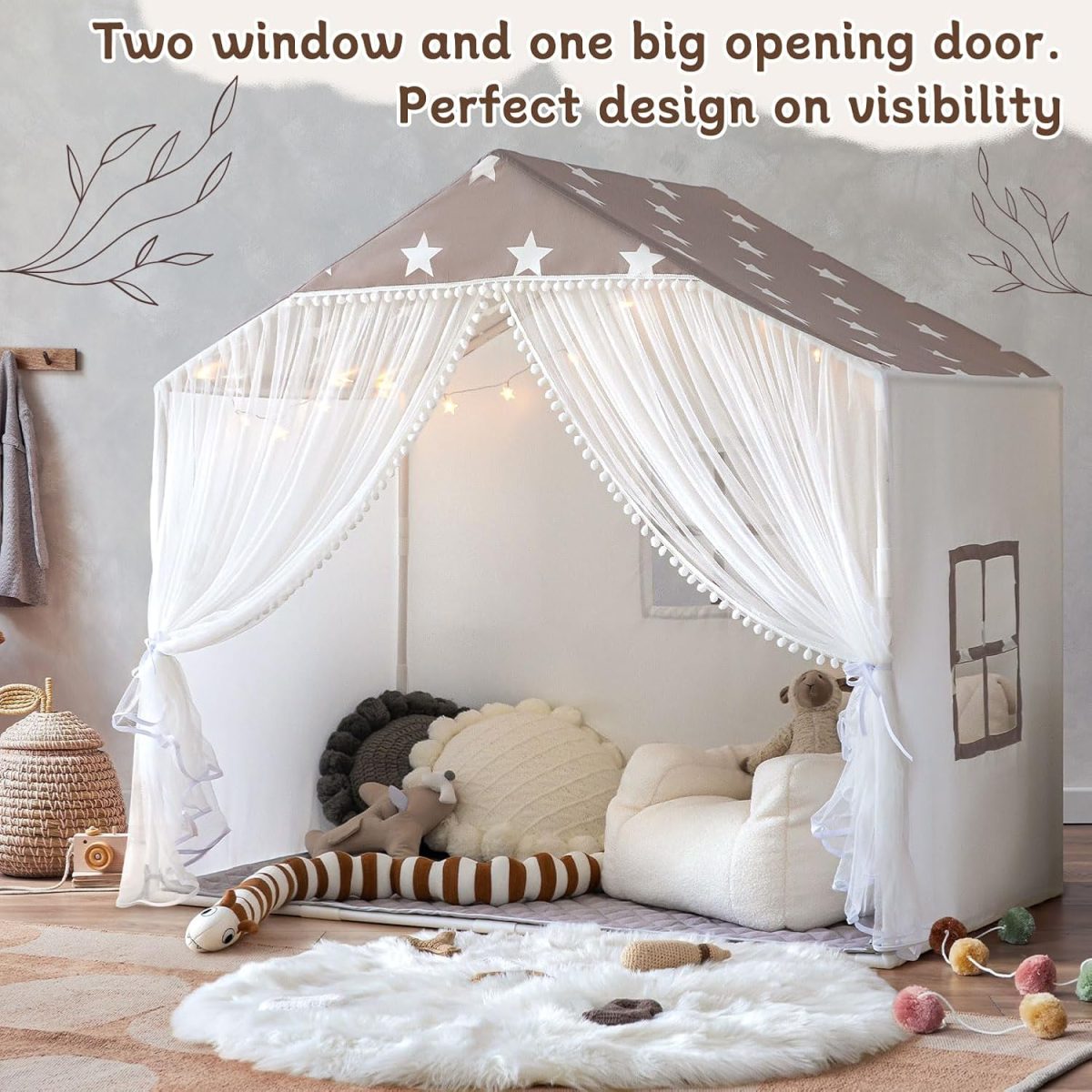 Kids Play Tent with Mat, Large Playhouse Tent with Pompoms Door Curtains, Children Play House for Girls Boys, Indoor Play Cottage (Khaki)