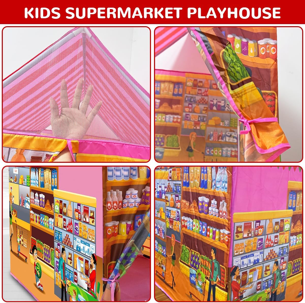 Kids Play Tent Indoor Playhouse, 115 PCS Kids Supermarket Play Tent Playset with Pretend Food Toy for Toddlers, Super Store Shopping Role Play Toy Set for Boys & Girls Age 3 4 5 6 7 8 Years Old