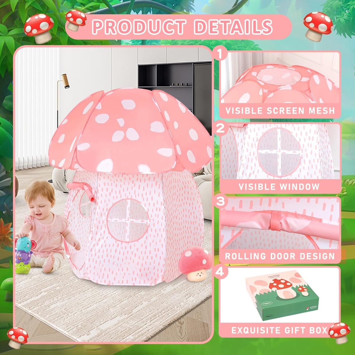 Play Tent for Kids Pop Up Tent Indoor Outdoor Boys and Girls Playhouse with Exquisite Design for Imaginative Mushroom Tent by CRAWLBO Patented (Pink, Small)