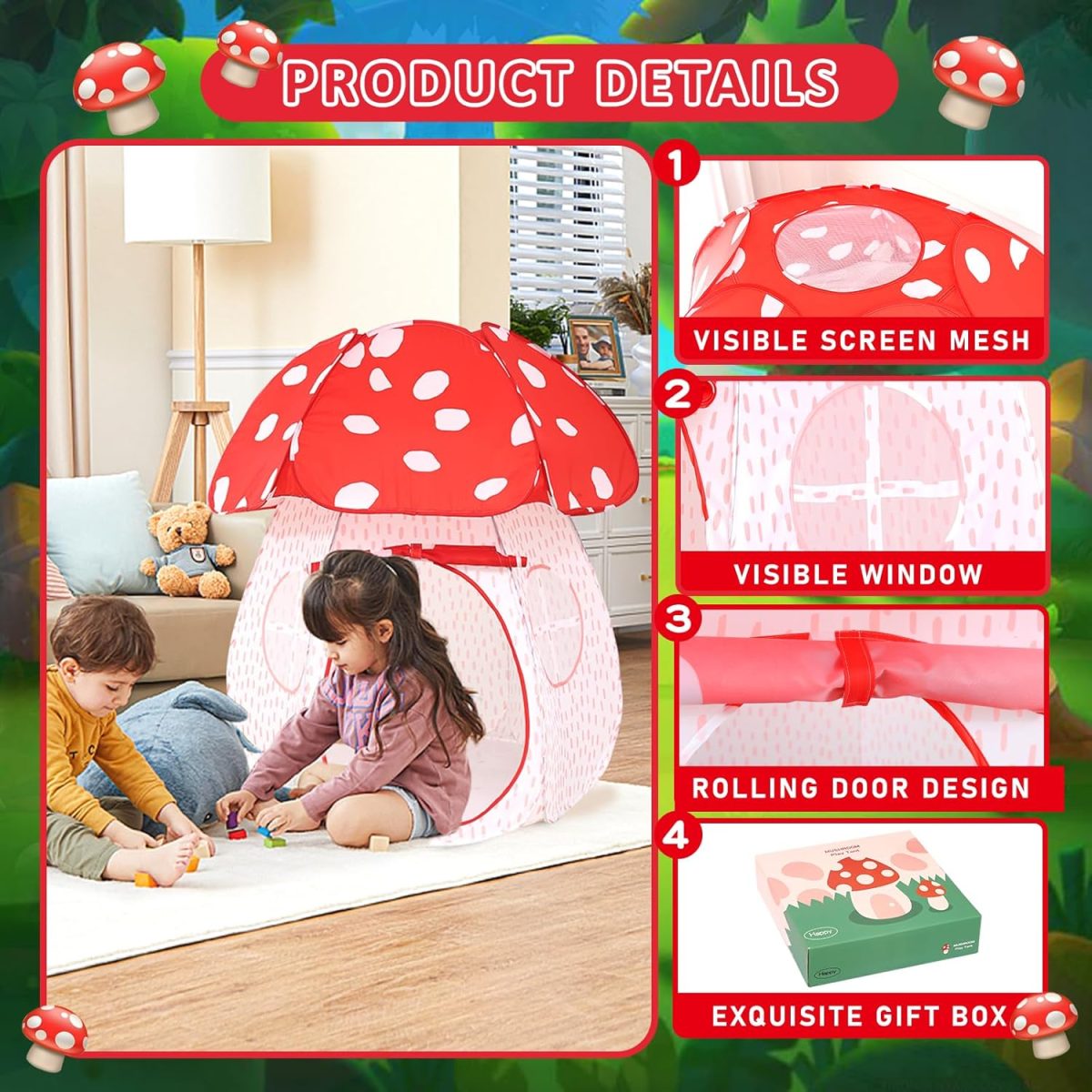 Play Tent for Kids Pop Up Tent Indoor Outdoor Boys and Girls Playhouse with Exquisite Design for Imaginative Mushroom Tent by CRAWLBO Patented (Pink, Small)