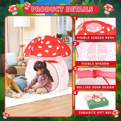 Play Tent for Kids Pop Up Tent Indoor Outdoor Boys and Girls Playhouse with Exquisite Design for Imaginative Mushroom Tent by CRAWLBO Patented (Pink, Small)
