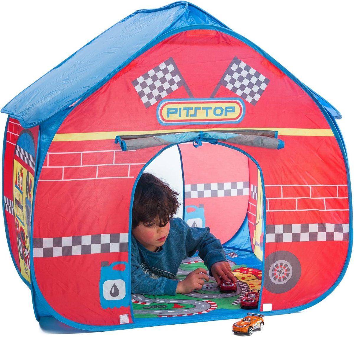 Pit Stop Tent with Race Mat Playhouse, Front & Back Doors, Spacious Interior, Pretend Play, Toddlers & Kids Ages 3+