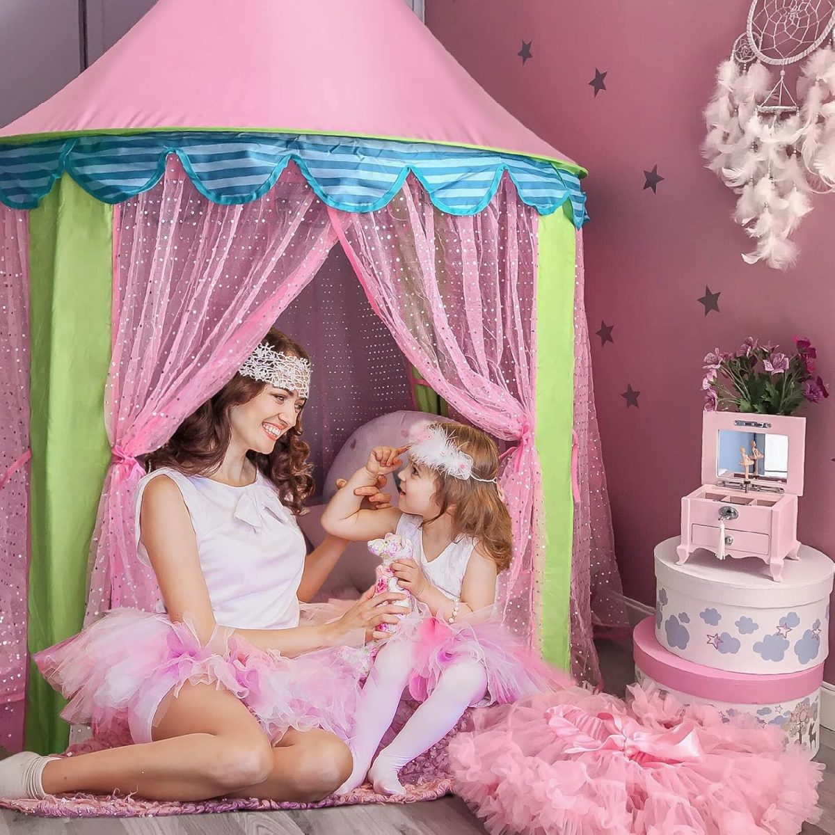 Princess-Tent with Star Lights & Carry Case, Pop Up Play-Tent, Princess Castle Indoor Playhouse, Foldable Kids Play Tent Outdoor, Toddler-Tent for Girls