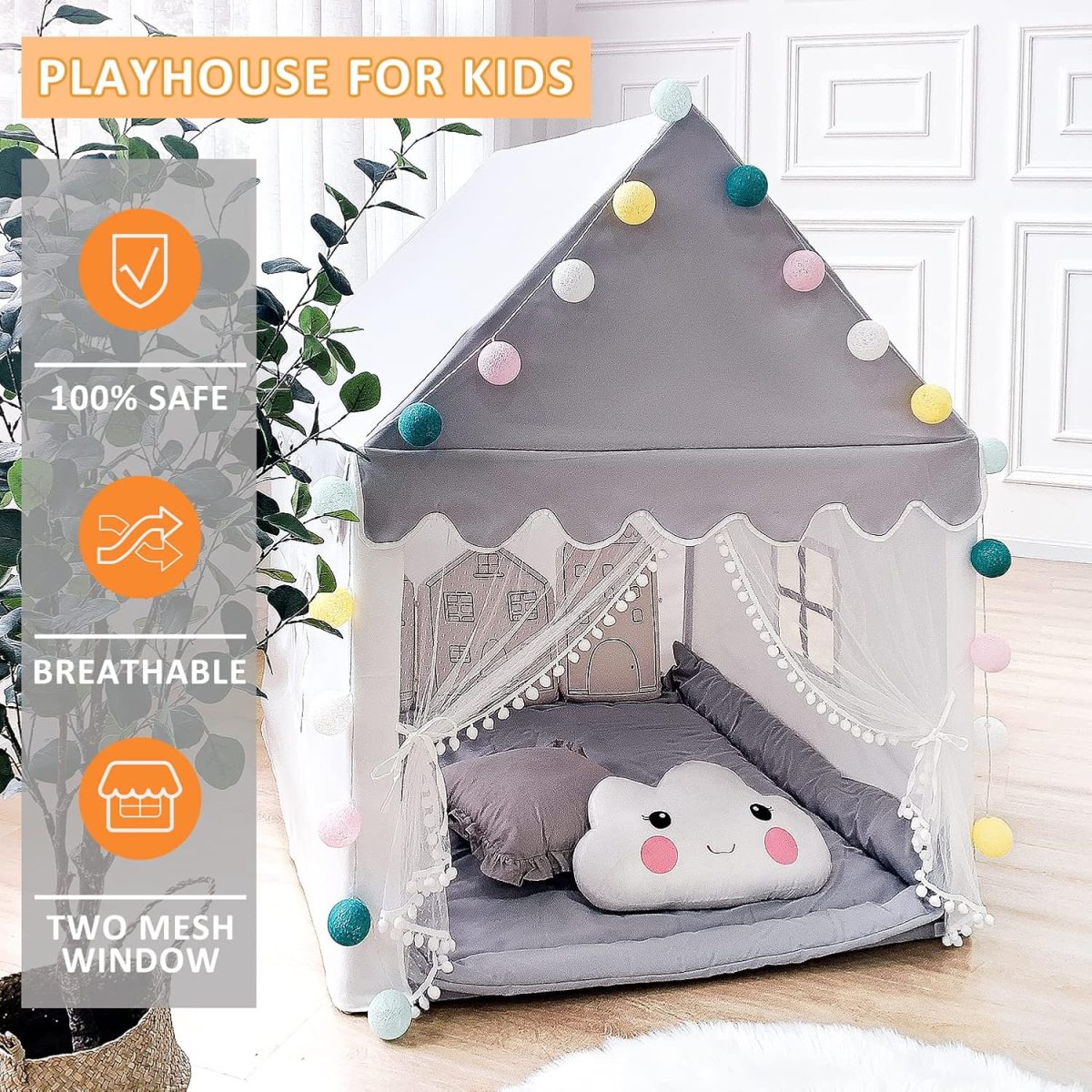 Kids Play Tent - Large Playhouse Children Play Castle Fairy Tent for Girls & Boys Birthday (Kid Tent with Padded Mat)