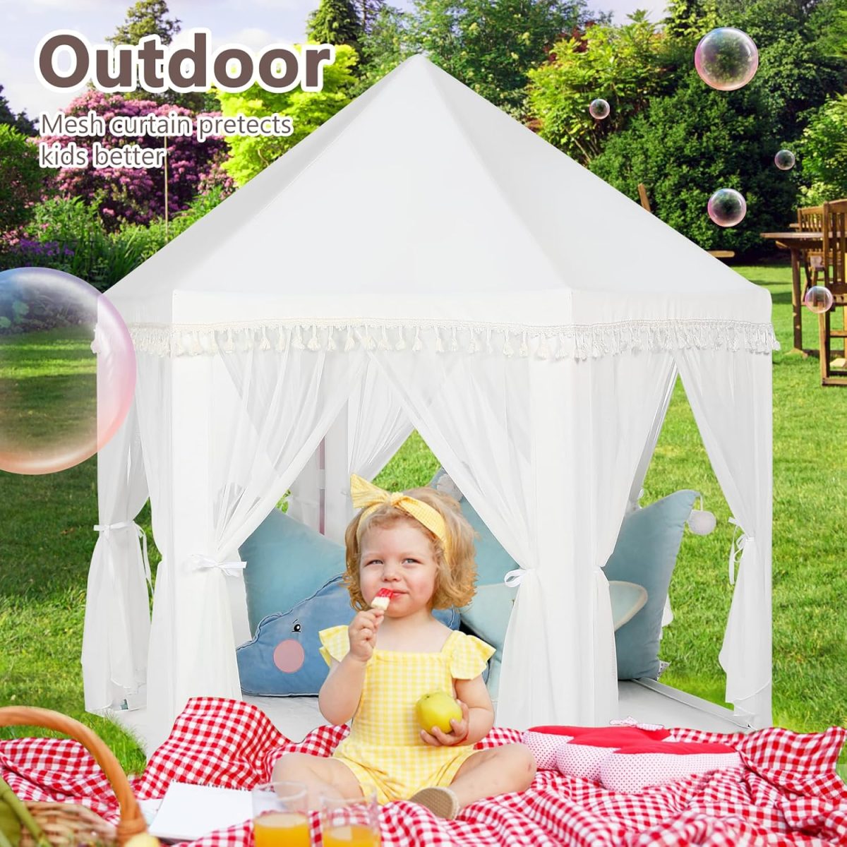 White Princess Tent Girls Tassel Decor Large Playhouse Kids Castle Play Tent with Star Lights Toy for Children Indoor and Outdoor Games, 55'' x 53'' (White Princess Tent with Tassel)