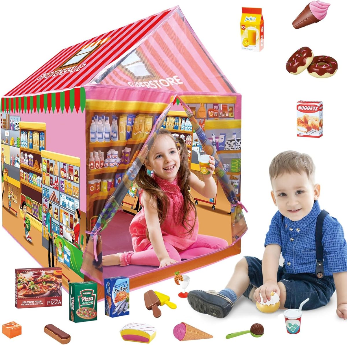 Kids Play Tent Indoor Playhouse, 115 PCS Kids Supermarket Play Tent Playset with Pretend Food Toy for Toddlers, Super Store Shopping Role Play Toy Set for Boys & Girls Age 3 4 5 6 7 8 Years Old