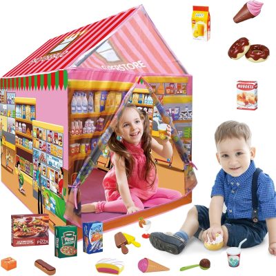 Kids Play Tent Indoor Playhouse, 115 PCS Kids Supermarket Play Tent Playset with Pretend Food Toy for Toddlers, Super Store Shopping Role Play Toy Set for Boys & Girls Age 3 4 5 6 7 8 Years Old
