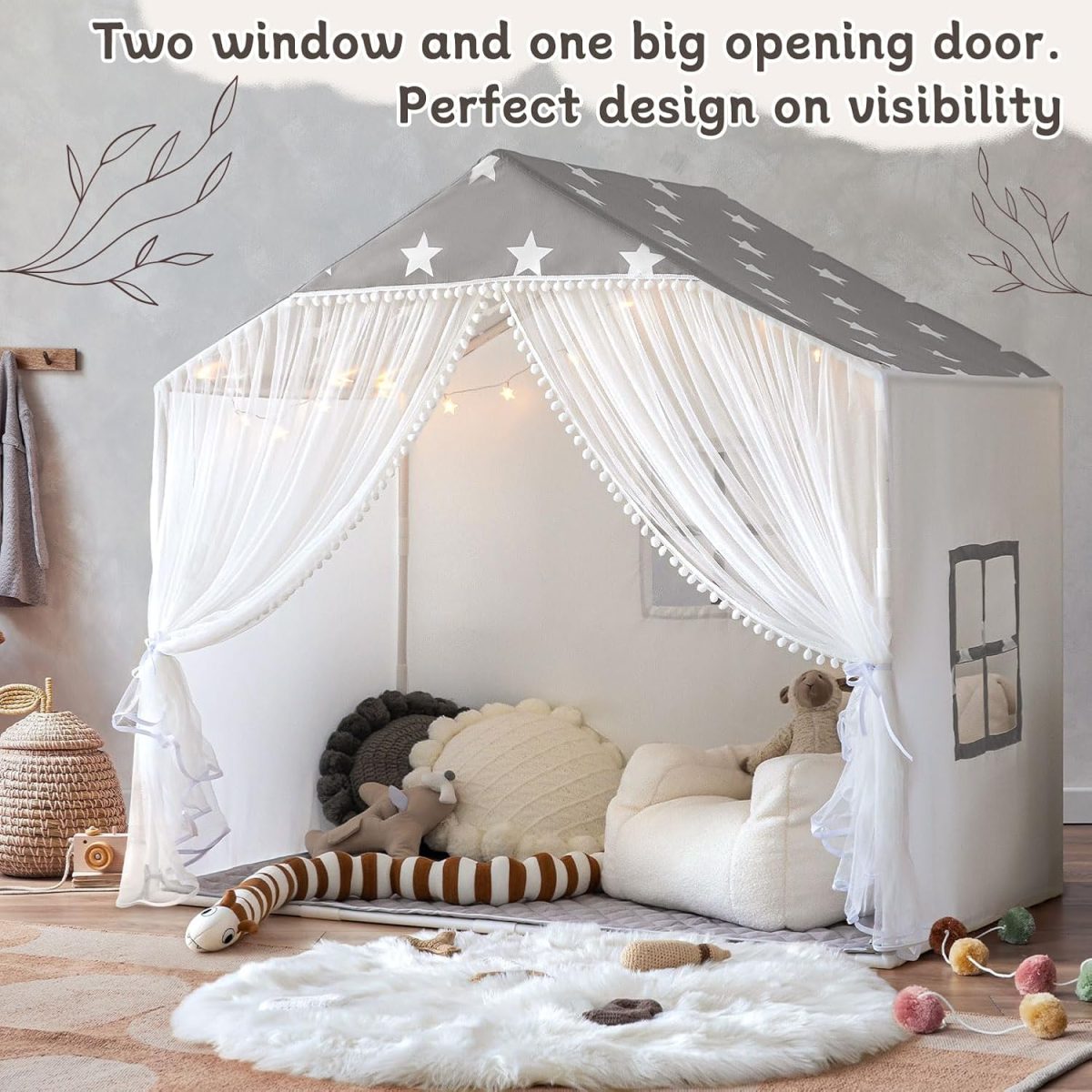 Kids Play Tent with Mat, Large Playhouse Tent with Pompoms Door Curtains, Children Play House for Girls Boys, Indoor Play Cottage (Khaki)