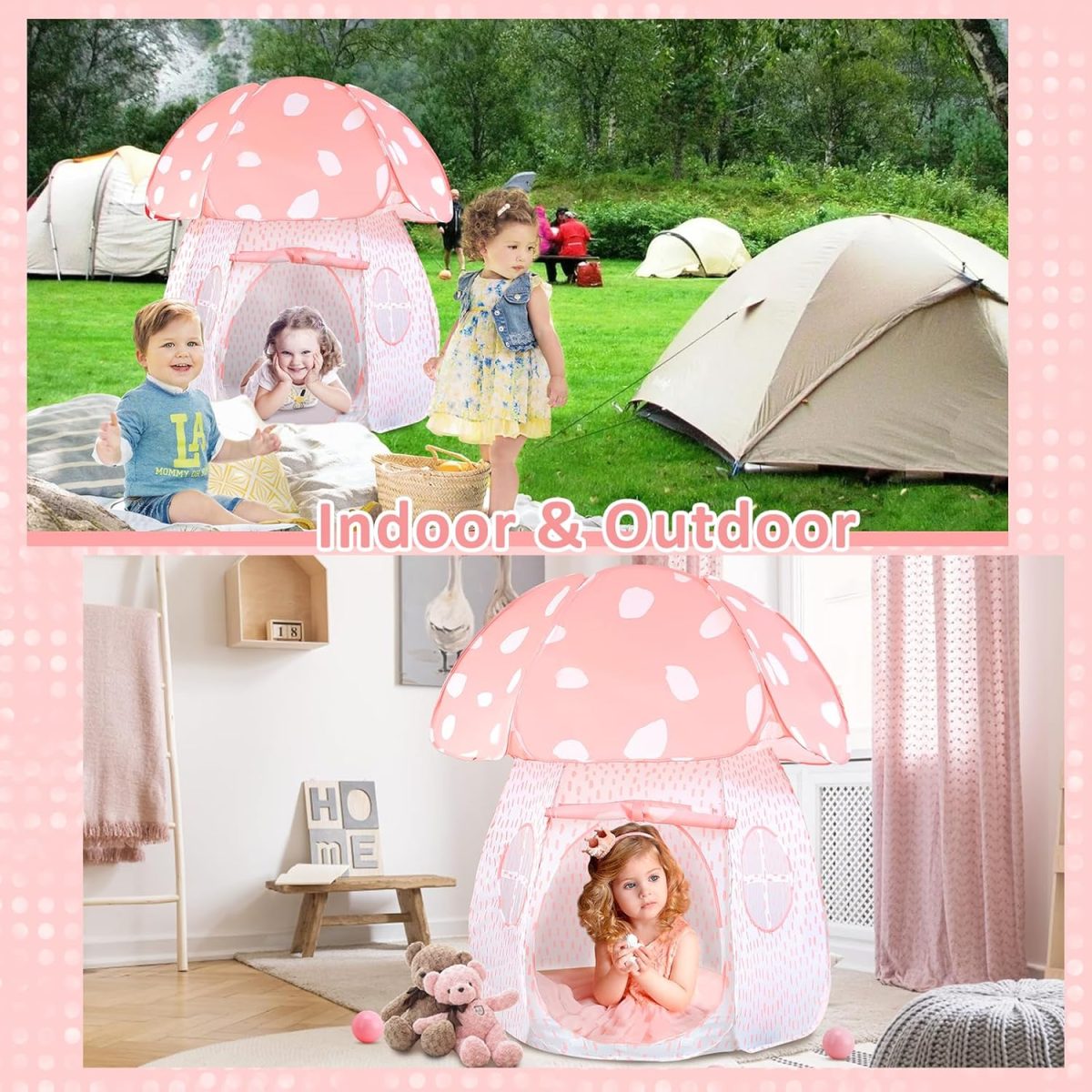 Play Tent for Kids Pop Up Tent Indoor Outdoor Boys and Girls Playhouse with Exquisite Design for Imaginative Mushroom Tent by CRAWLBO Patented (Pink, Small)