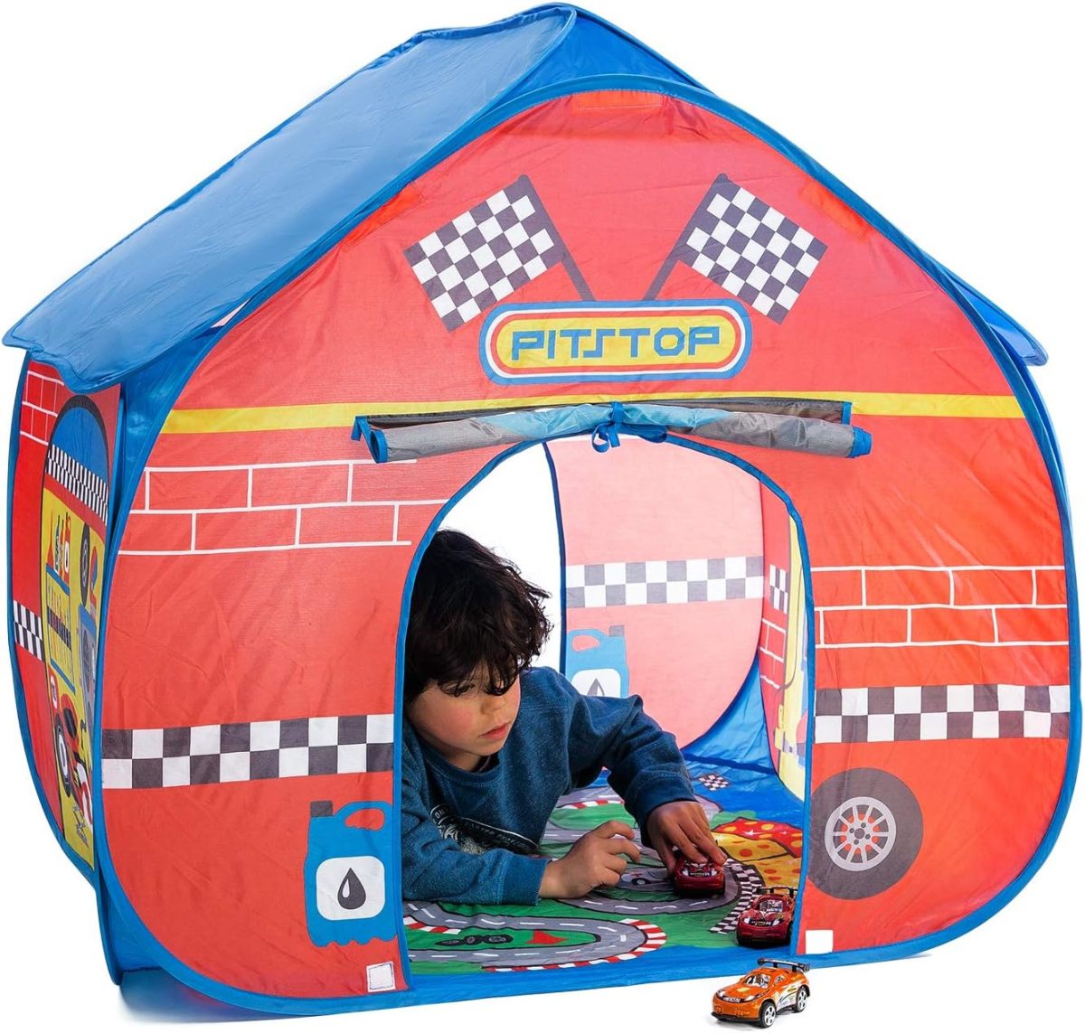 Pit Stop Tent with Race Mat Playhouse, Front & Back Doors, Spacious Interior, Pretend Play, Toddlers & Kids Ages 3+