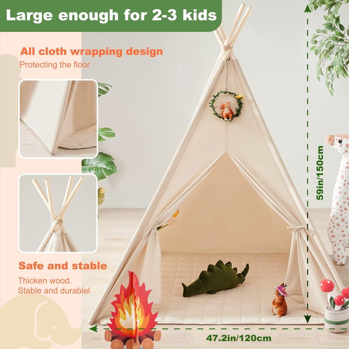 Kids-Teepee-Tent with Lights & Campfire Toy & Carry Case, Natural Cotton Canvas Toddler Tent - Washable Foldable Teepee Tent for Kids Indoor Tent, Outdoor Play Tent for Girls & Boys