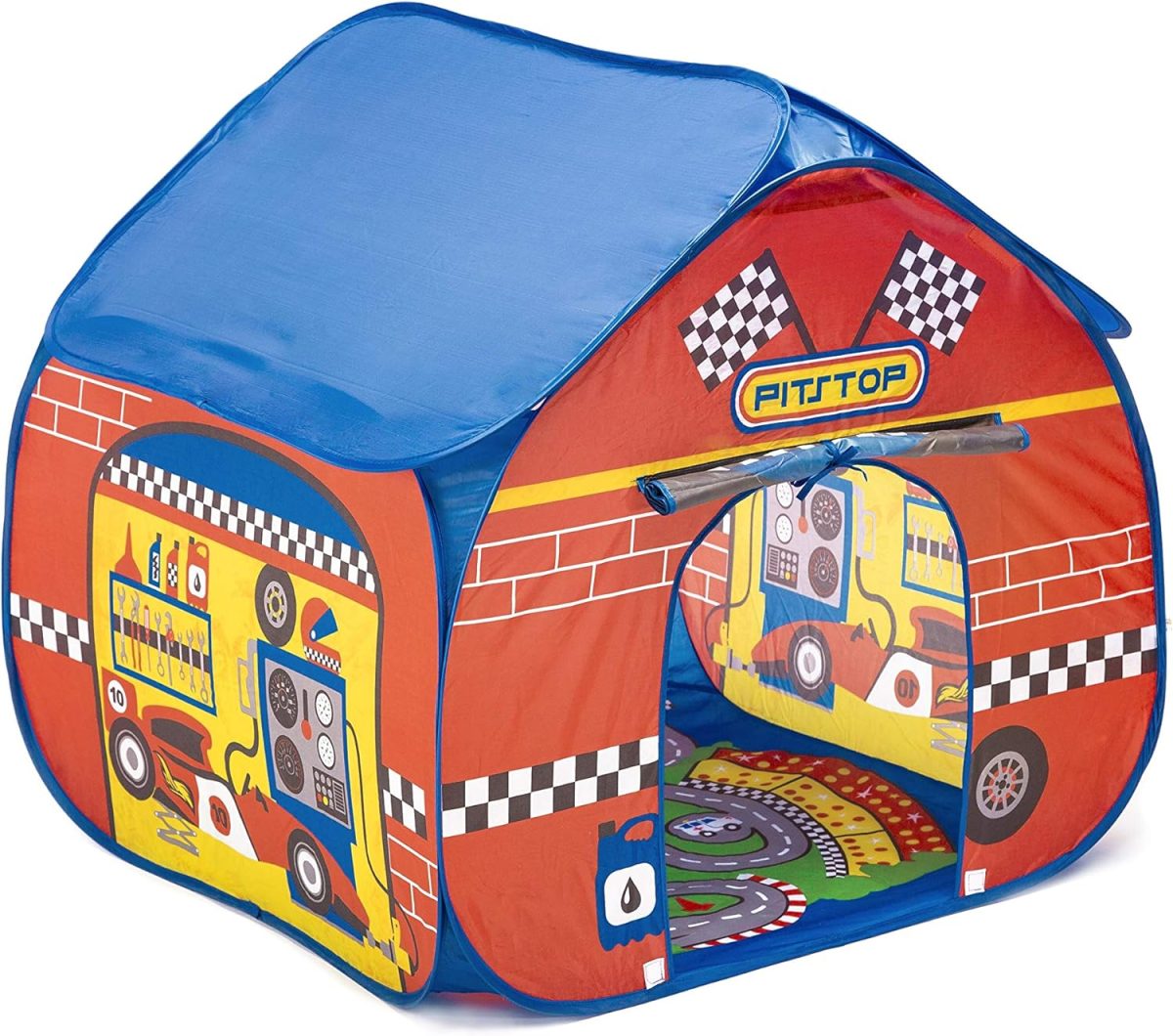 Pit Stop Tent with Race Mat Playhouse, Front & Back Doors, Spacious Interior, Pretend Play, Toddlers & Kids Ages 3+