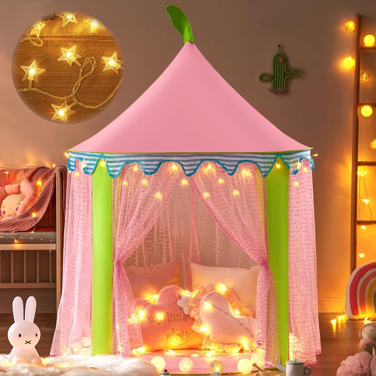 Princess-Tent with Star Lights & Carry Case, Pop Up Play-Tent, Princess Castle Indoor Playhouse, Foldable Kids Play Tent Outdoor, Toddler-Tent for Girls