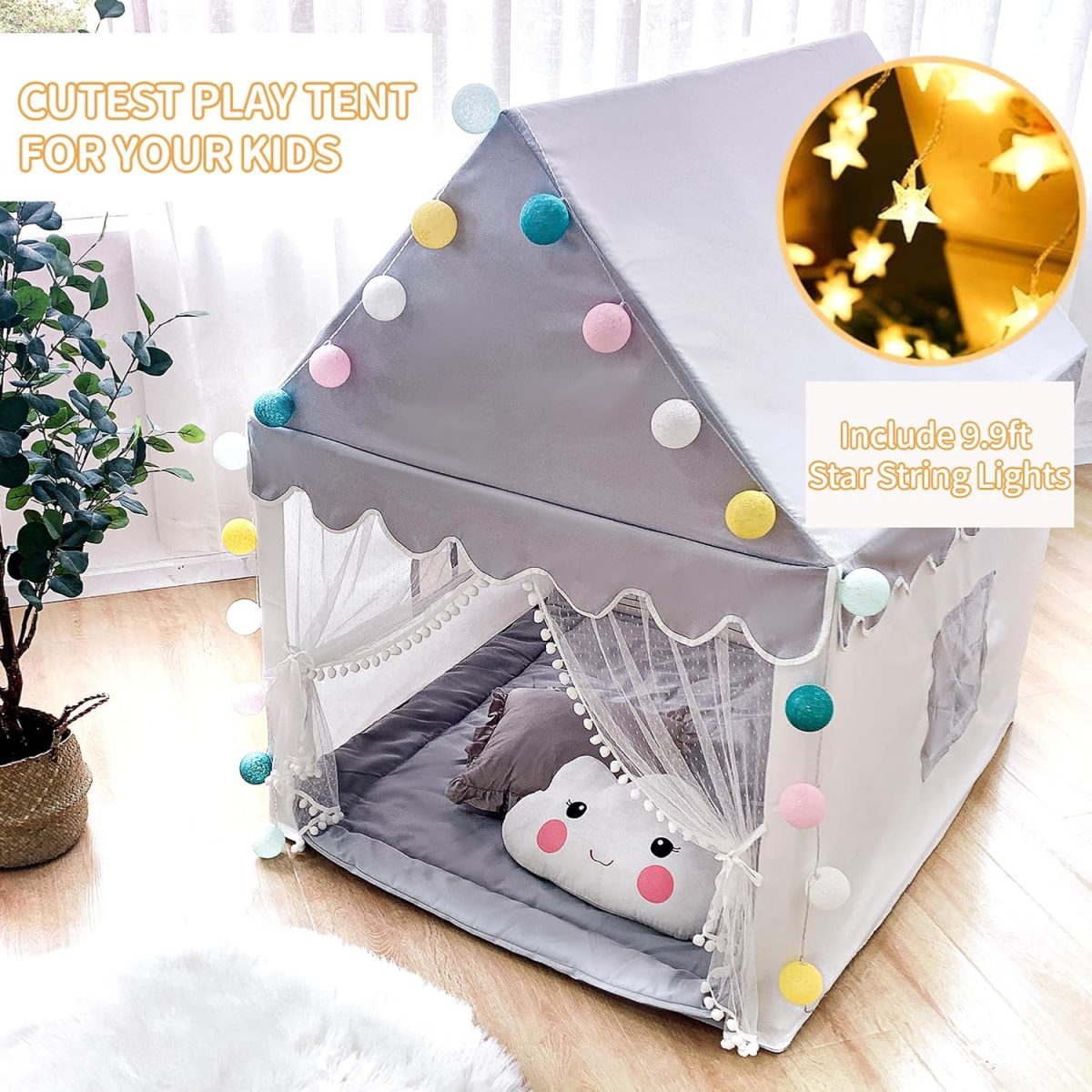 Kids Play Tent - Large Playhouse Children Play Castle Fairy Tent for Girls & Boys Birthday (Kid Tent with Padded Mat)