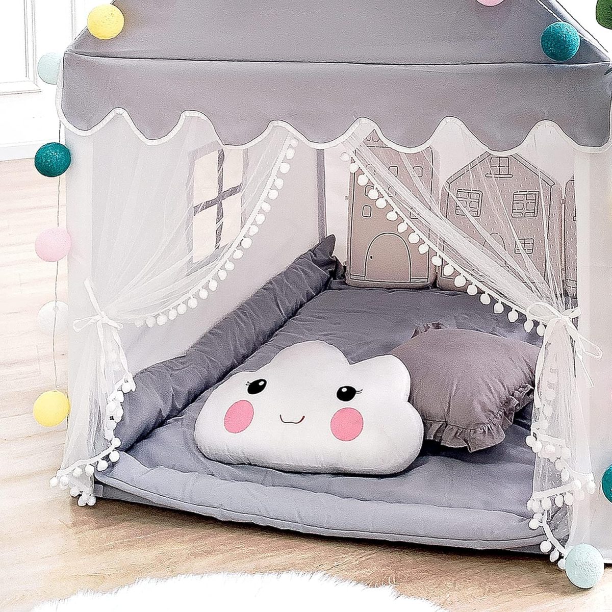 Kids Play Tent - Large Playhouse Children Play Castle Fairy Tent for Girls & Boys Birthday (Kid Tent with Padded Mat)