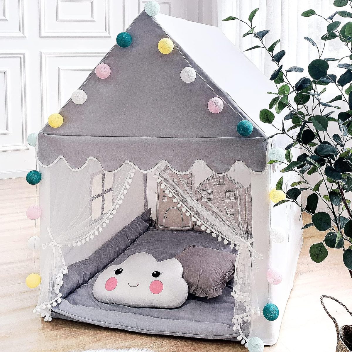 Kids Play Tent - Large Playhouse Children Play Castle Fairy Tent for Girls & Boys Birthday (Kid Tent with Padded Mat)