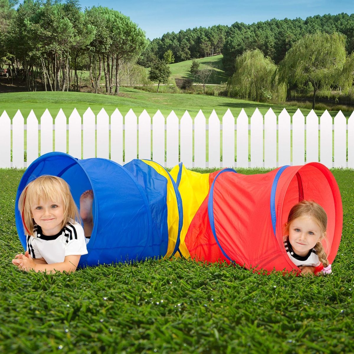 Hey! Play! Kids Play Tunnel- 4-Way Pop Up Crawl Through Tent, Indoor/Outdoor Fun for Kids, Dogs, Toddlers & Children, Foldable & Portable Playhouse, Multicolor