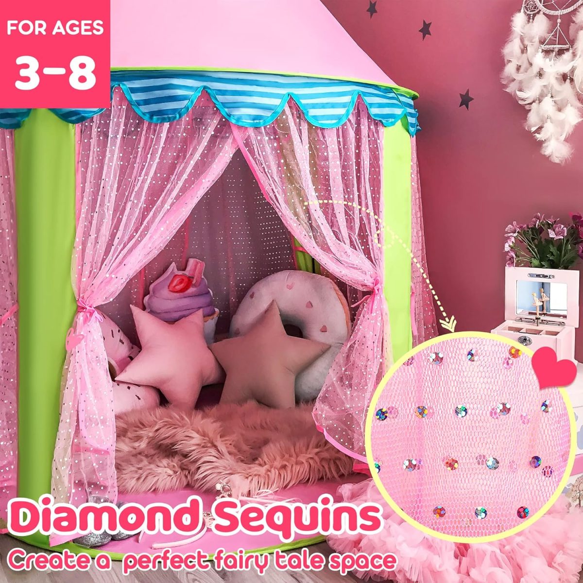 Princess-Tent with Star Lights & Carry Case, Pop Up Play-Tent, Princess Castle Indoor Playhouse, Foldable Kids Play Tent Outdoor, Toddler-Tent for Girls