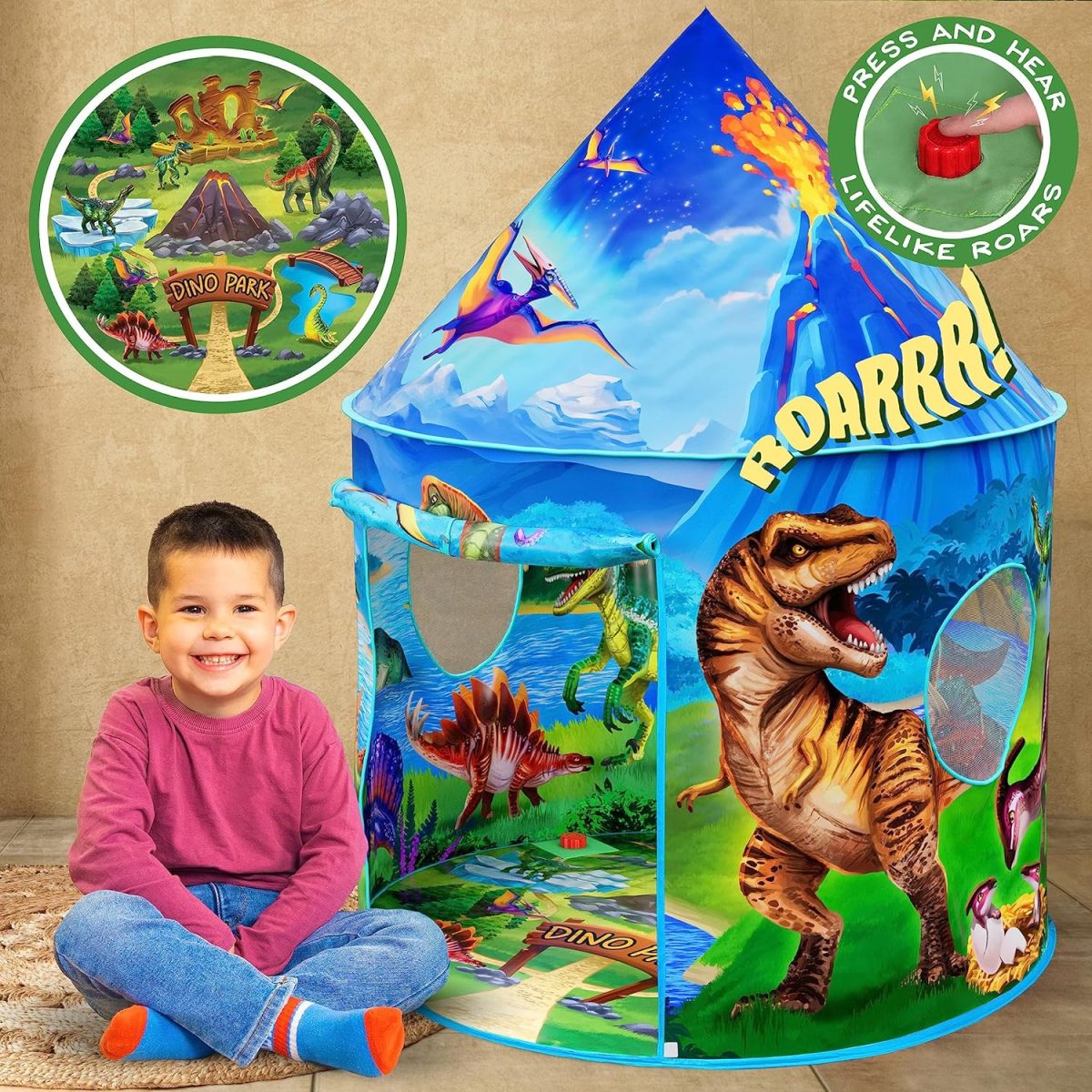 Dinosaur Discovery Play Tent with Roar Button - Extraordinary Pop Up Tent for Boys & Girls - Perfect for Indoor & Outdoor Adventures
